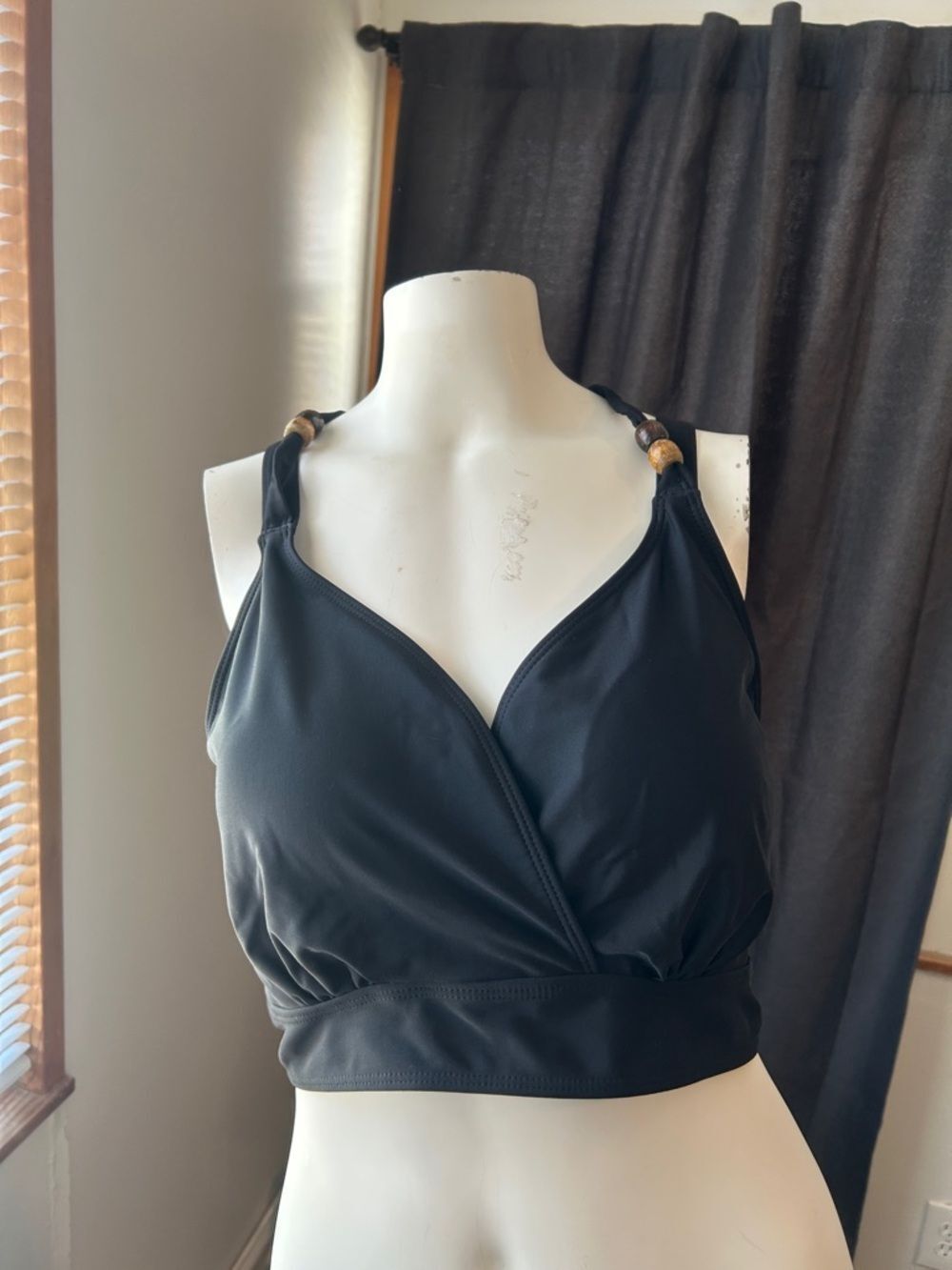 Black V-Neck Halter Crop Bikini Top with Wooden Bead Details